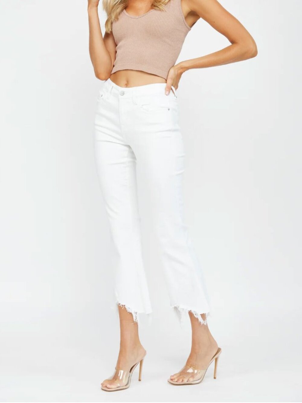 Mica NEW White High Rise Crop Flare Uneven Raw Hem Denim Jeans size 26